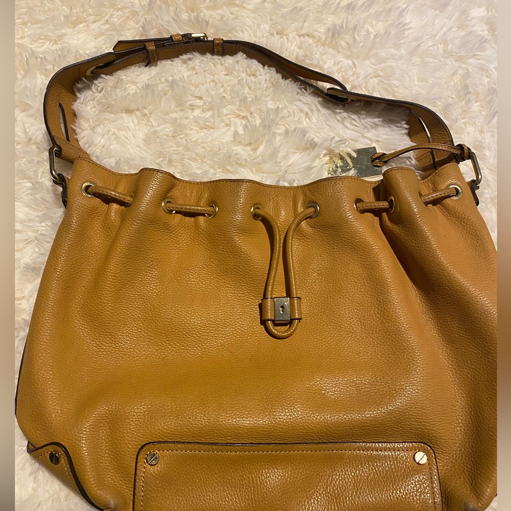 Vince Camuto Jill Drawstring Large Leather Bucket Hobo Shoulder Bag in MUSTARD